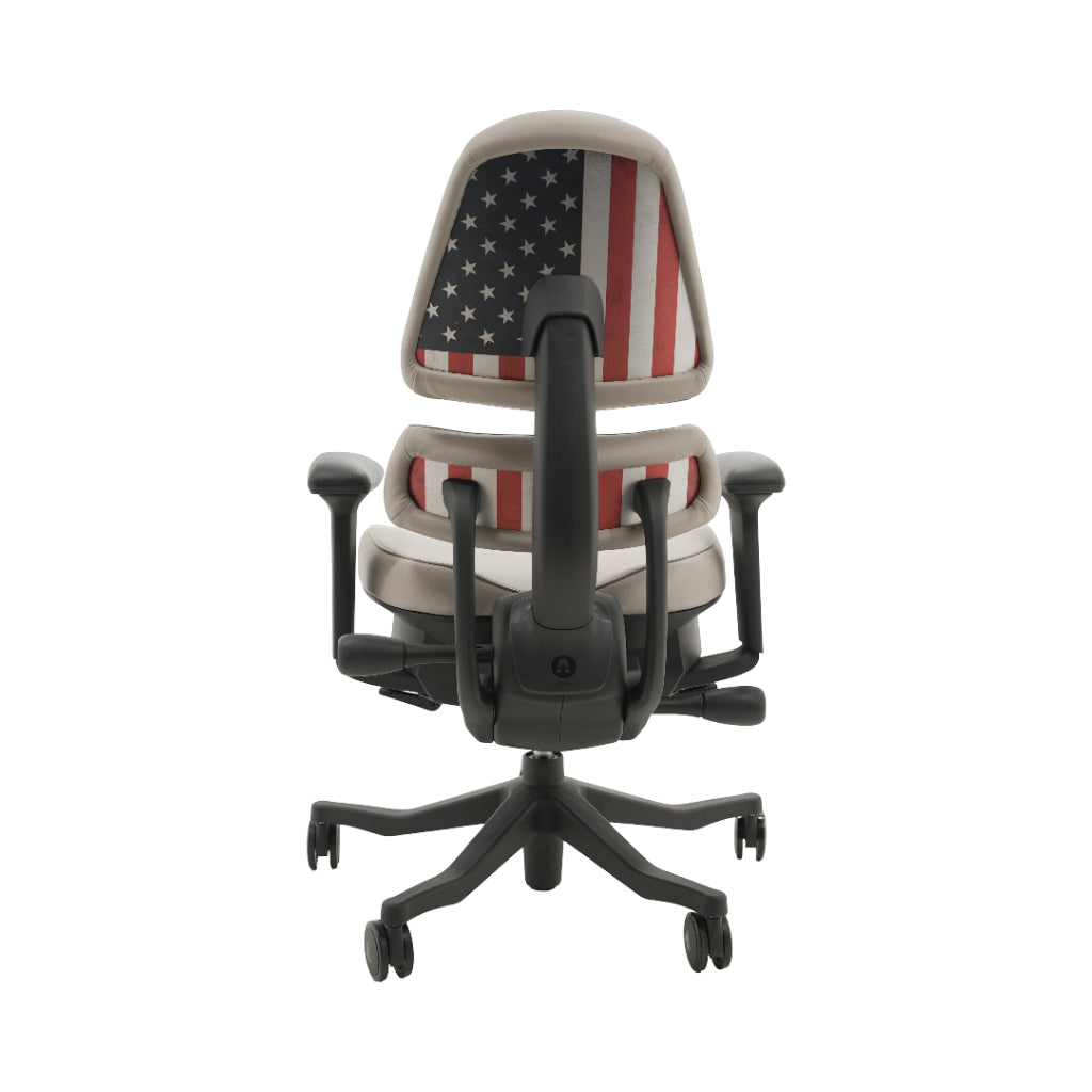 An ergonomic office chair with a high back, adjustable armrests, and a four-wheel base, shown from a rear angle on a white background.
