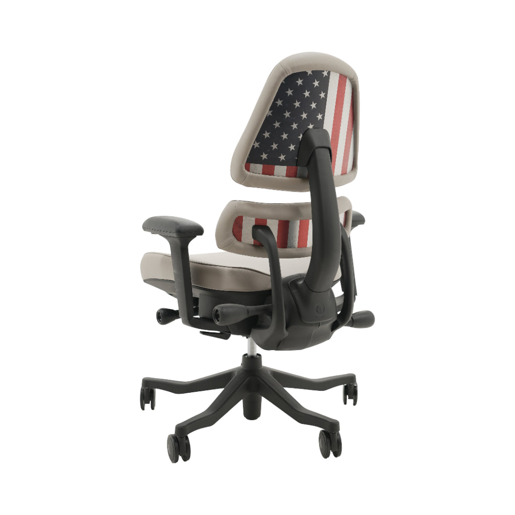 An ergonomic office chair with a high back, adjustable armrests, and a four-wheel base, shown from a rear angle on a white background.