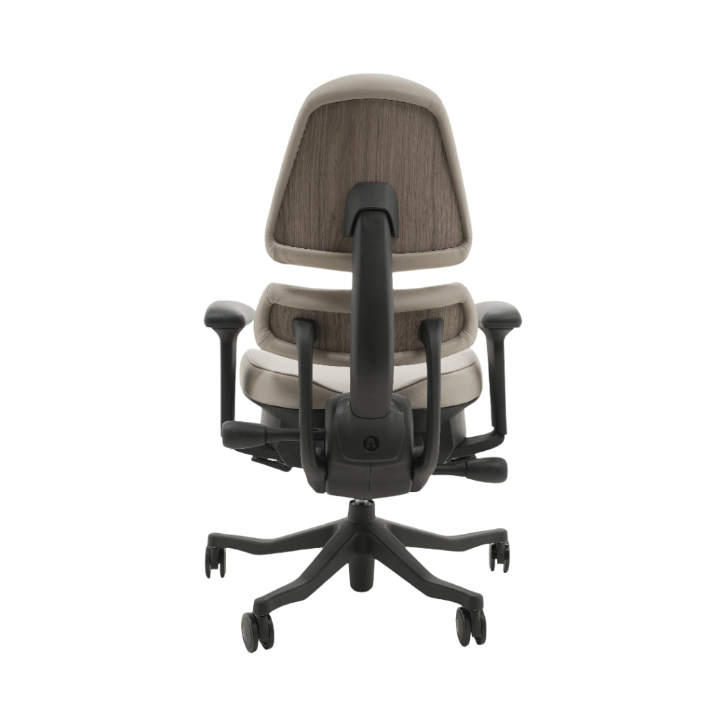 An ergonomic office chair with a high back, adjustable armrests, and a four-wheel base, shown from a rear angle on a white background.