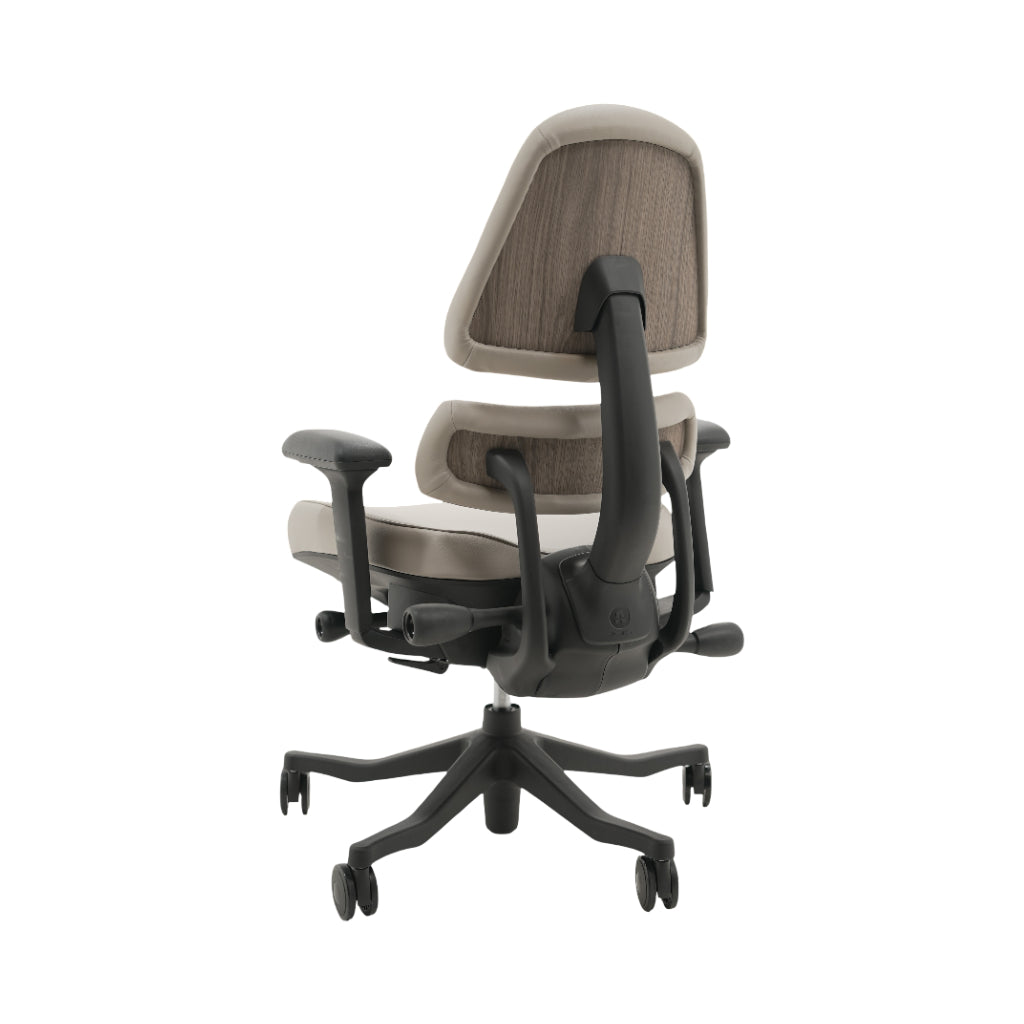 An ergonomic office chair with a high back, adjustable armrests, and a four-wheel base, shown from a rear angle on a white background.