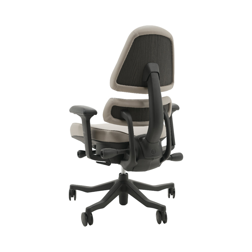 An ergonomic office chair with a high back, adjustable armrests, and a four-wheel base, shown from a rear angle on a white background.