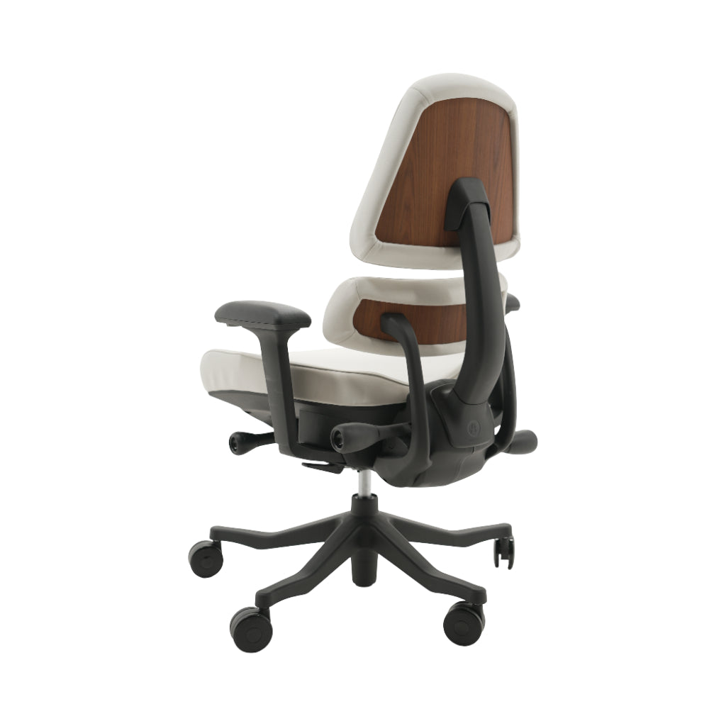 An ergonomic office chair with a high back, adjustable armrests, and a four-wheel base, shown from a rear angle on a white background.