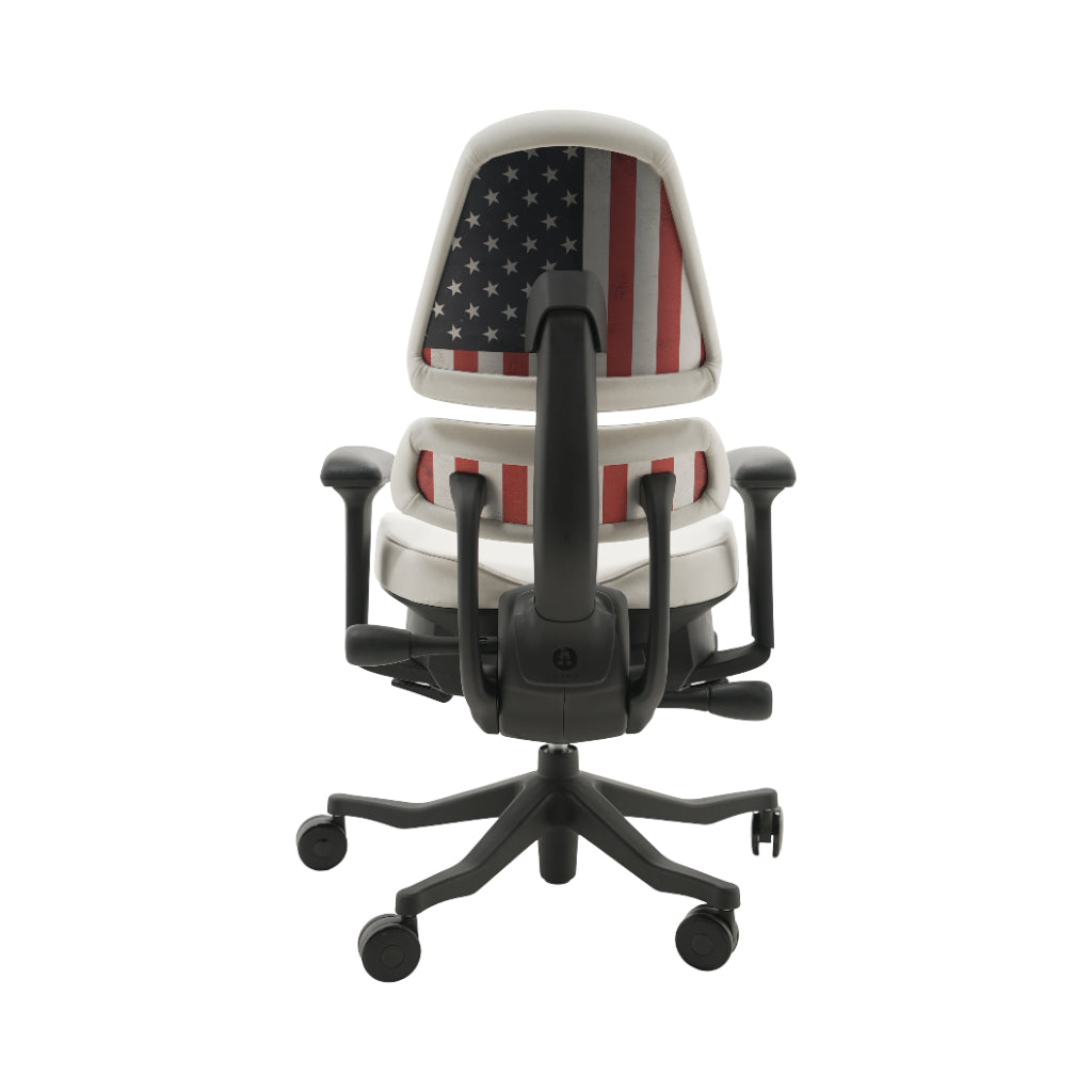 An ergonomic office chair with a high back, adjustable armrests, and a four-wheel base, shown from a rear angle on a white background.