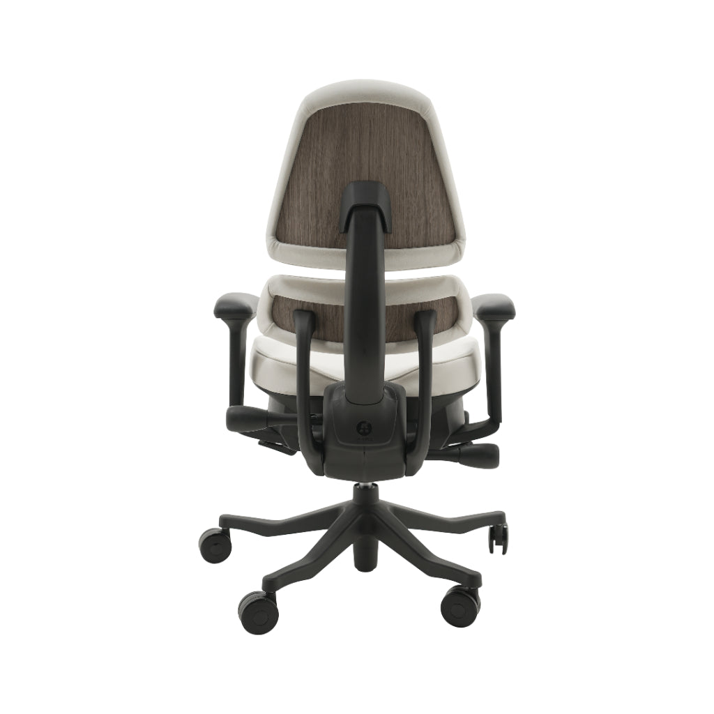 An ergonomic office chair with a high back, adjustable armrests, and a four-wheel base, shown from a rear angle on a white background.
