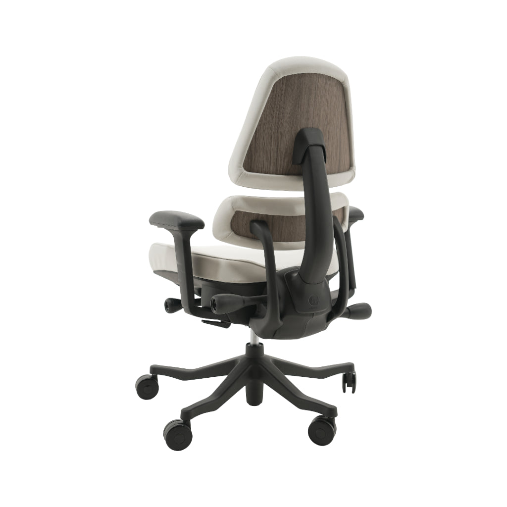 An ergonomic office chair with a high back, adjustable armrests, and a four-wheel base, shown from a rear angle on a white background.