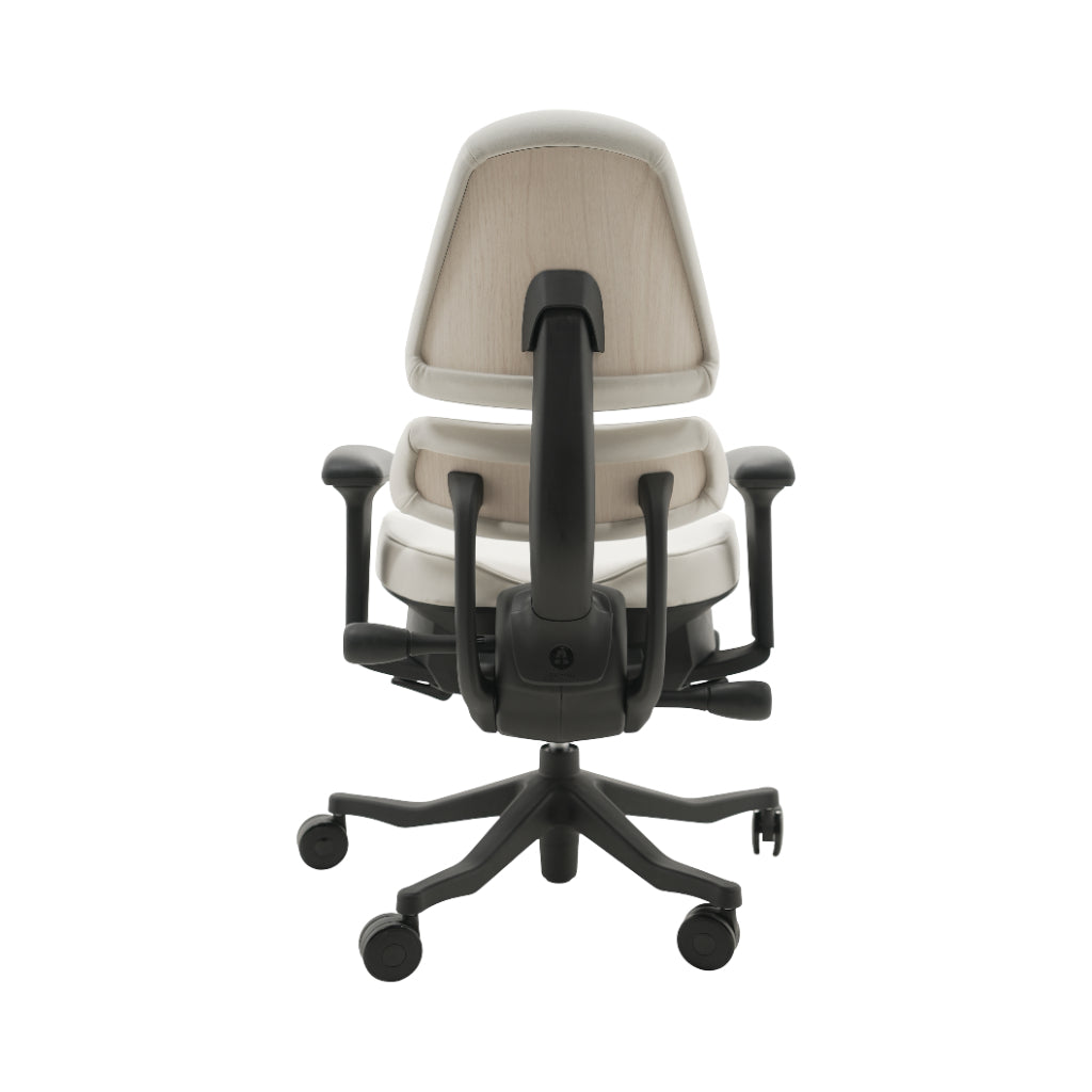 An ergonomic office chair with a high back, adjustable armrests, and a four-wheel base, shown from a rear angle on a white background.
