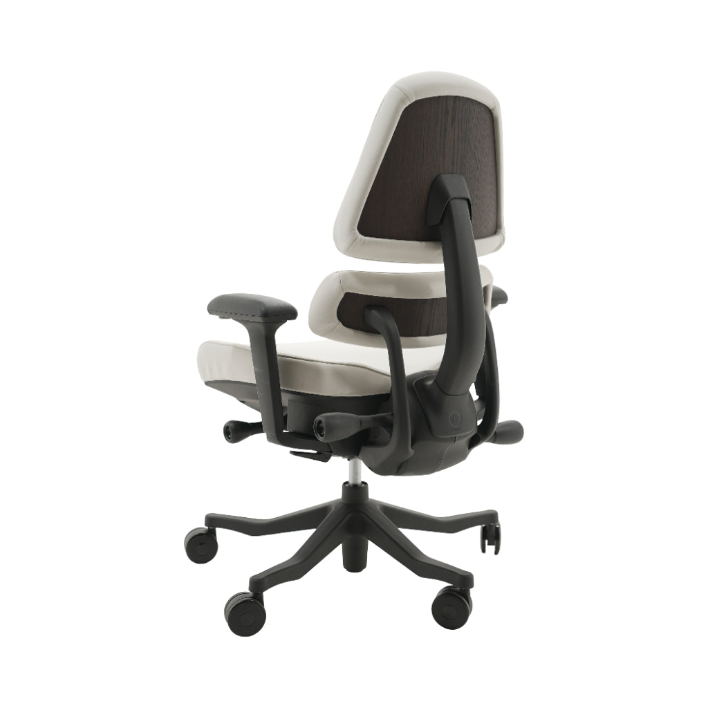 An ergonomic office chair with a high back, adjustable armrests, and a four-wheel base, shown from a rear angle on a white background.
