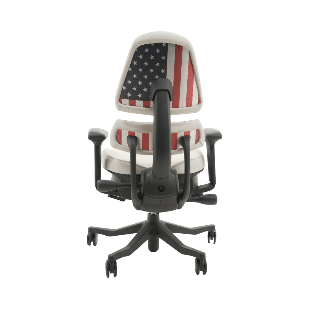 An ergonomic office chair with a high back, adjustable armrests, and a four-wheel base, shown from a rear angle on a white background.