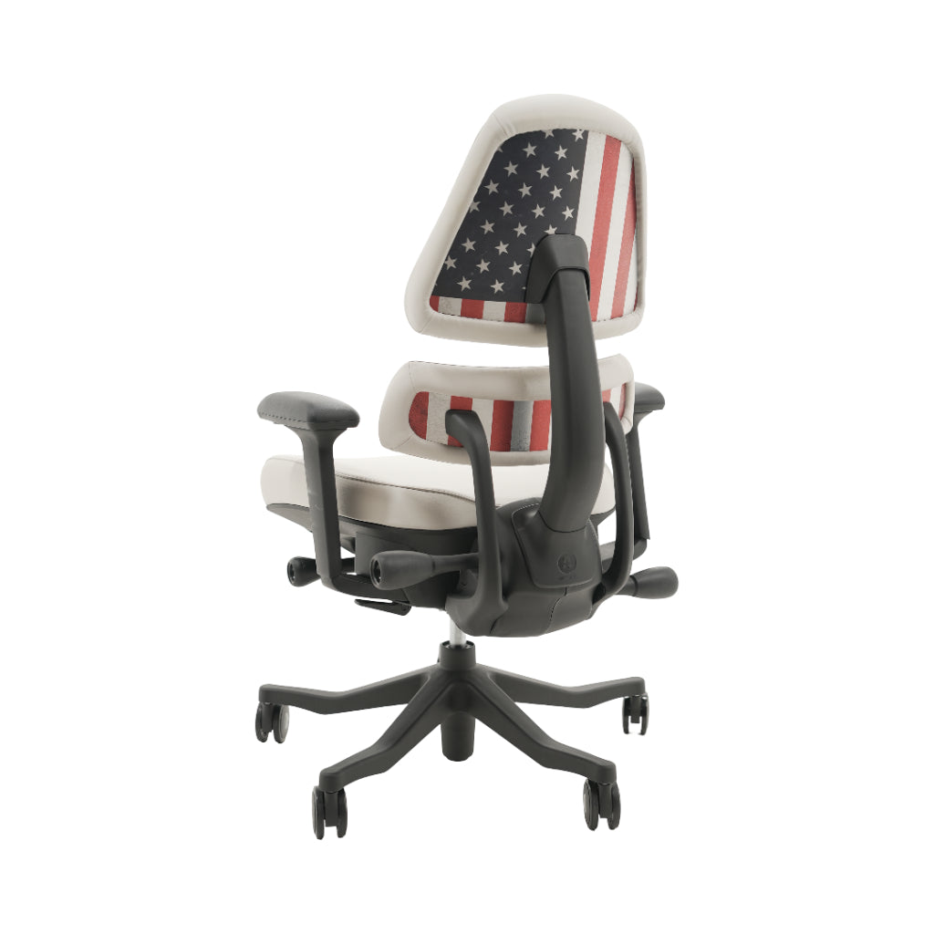 An ergonomic office chair with a high back, adjustable armrests, and a four-wheel base, shown from a rear angle on a white background.