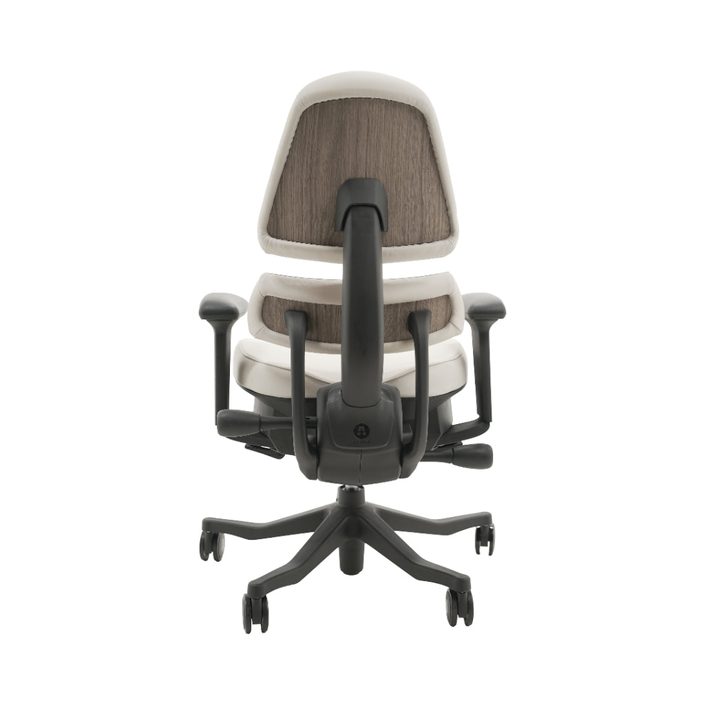 An ergonomic office chair with a high back, adjustable armrests, and a four-wheel base, shown from a rear angle on a white background.