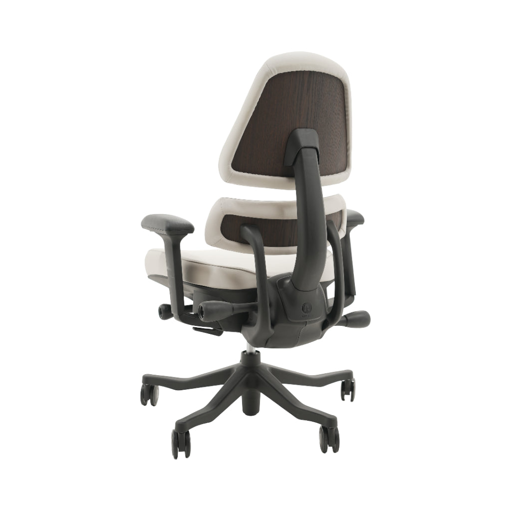 An ergonomic office chair with a high back, adjustable armrests, and a four-wheel base, shown from a rear angle on a white background.