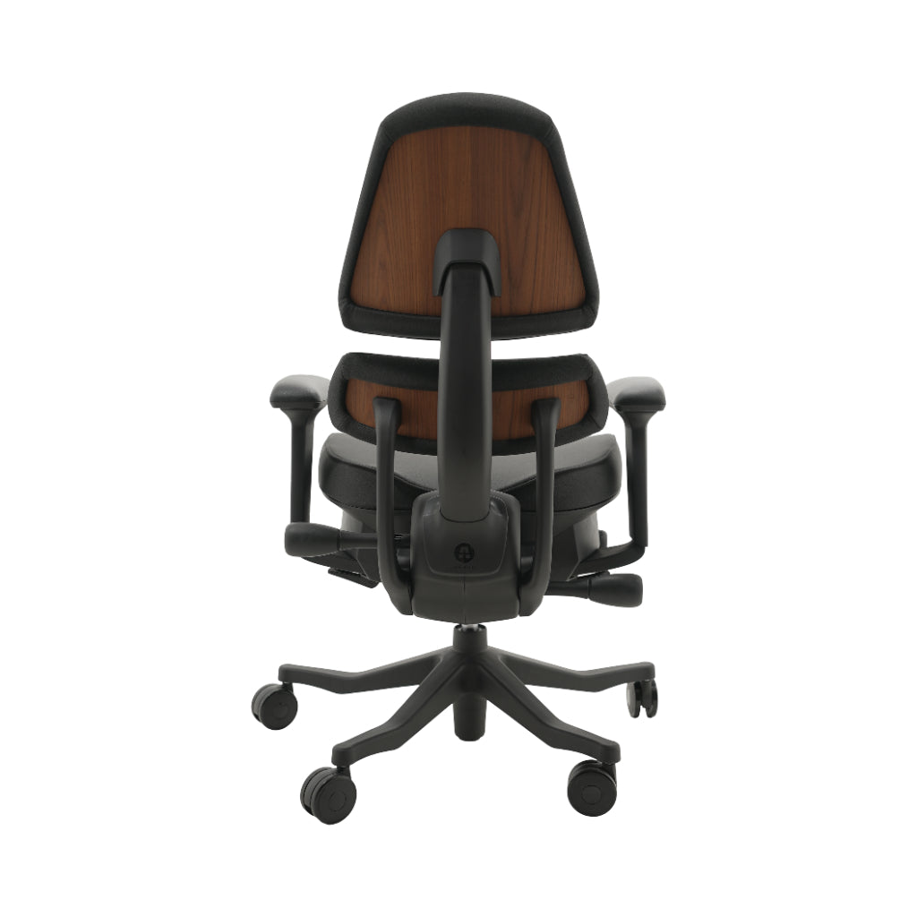 An ergonomic office chair with a high back, adjustable armrests, and a four-wheel base, shown from a rear angle on a white background.