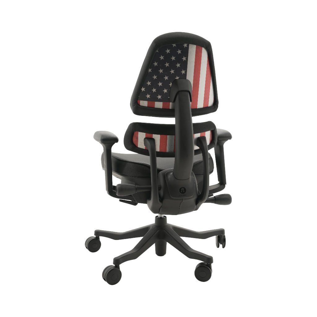 An ergonomic office chair with a high back, adjustable armrests, and a four-wheel base, shown from a rear angle on a white background.