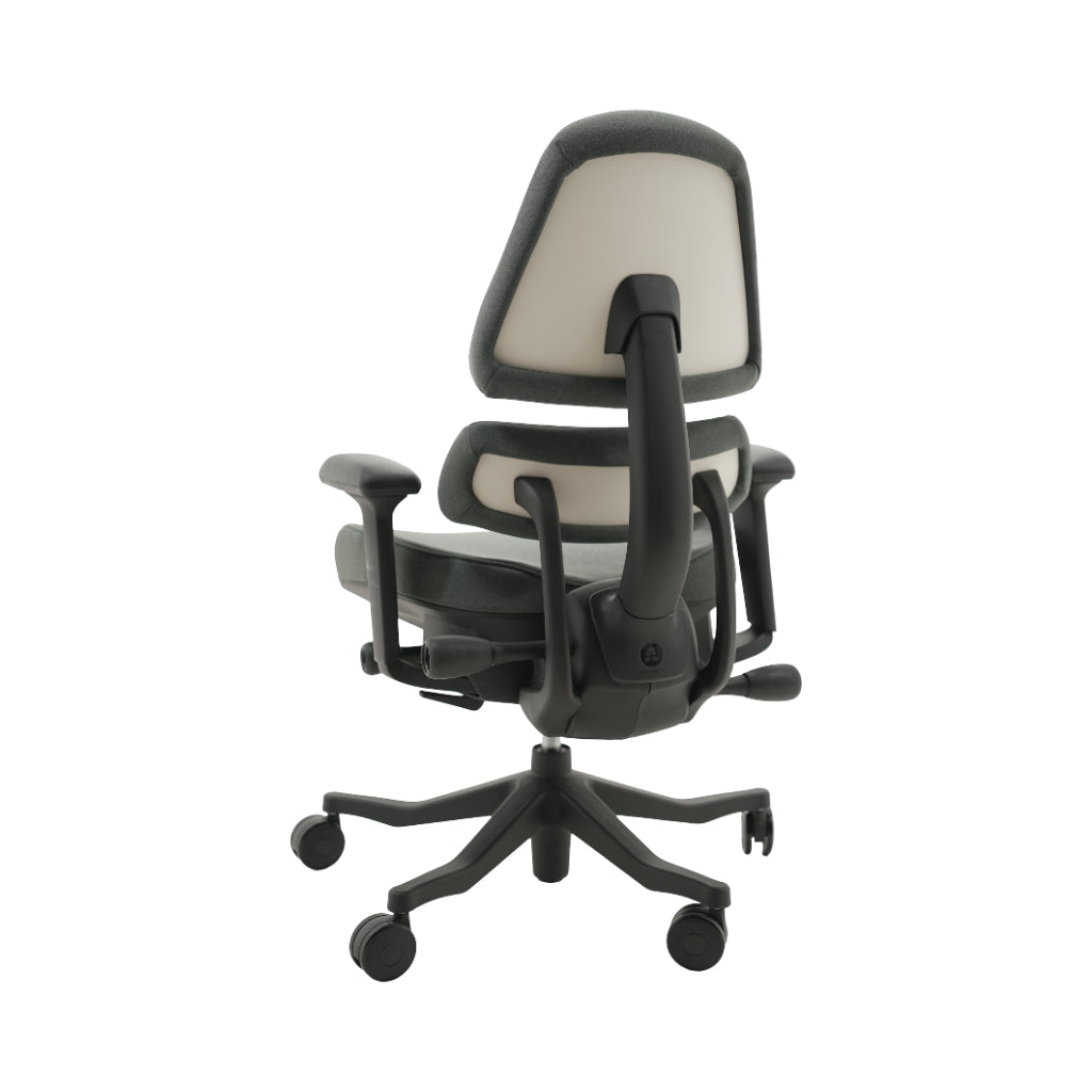An ergonomic office chair with a high back, adjustable armrests, and a four-wheel base, shown from a rear angle on a white background.