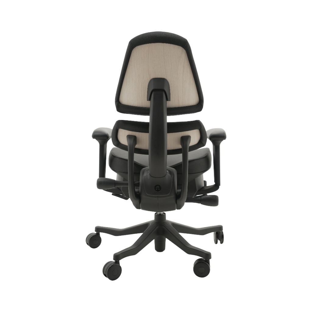 An ergonomic office chair with a high back, adjustable armrests, and a four-wheel base, shown from a rear angle on a white background.