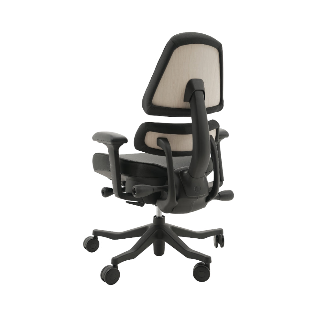 An ergonomic office chair with a high back, adjustable armrests, and a four-wheel base, shown from a rear angle on a white background.