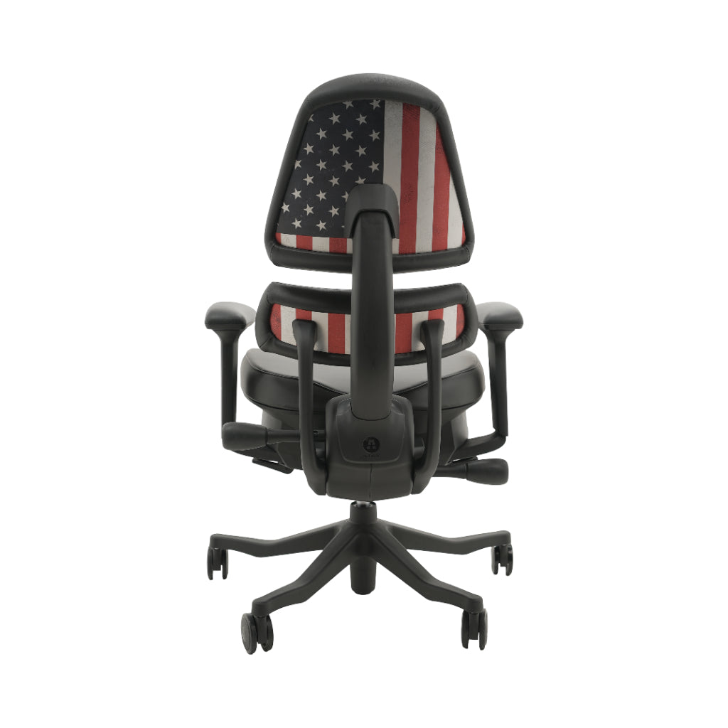 An ergonomic office chair with a high back, adjustable armrests, and a four-wheel base, shown from a rear angle on a white background.
