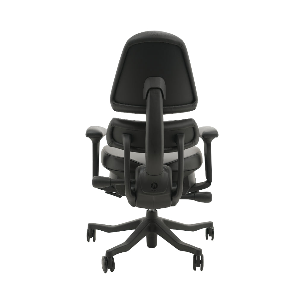 An ergonomic office chair with a high back, adjustable armrests, and a four-wheel base, shown from a rear angle on a white background.