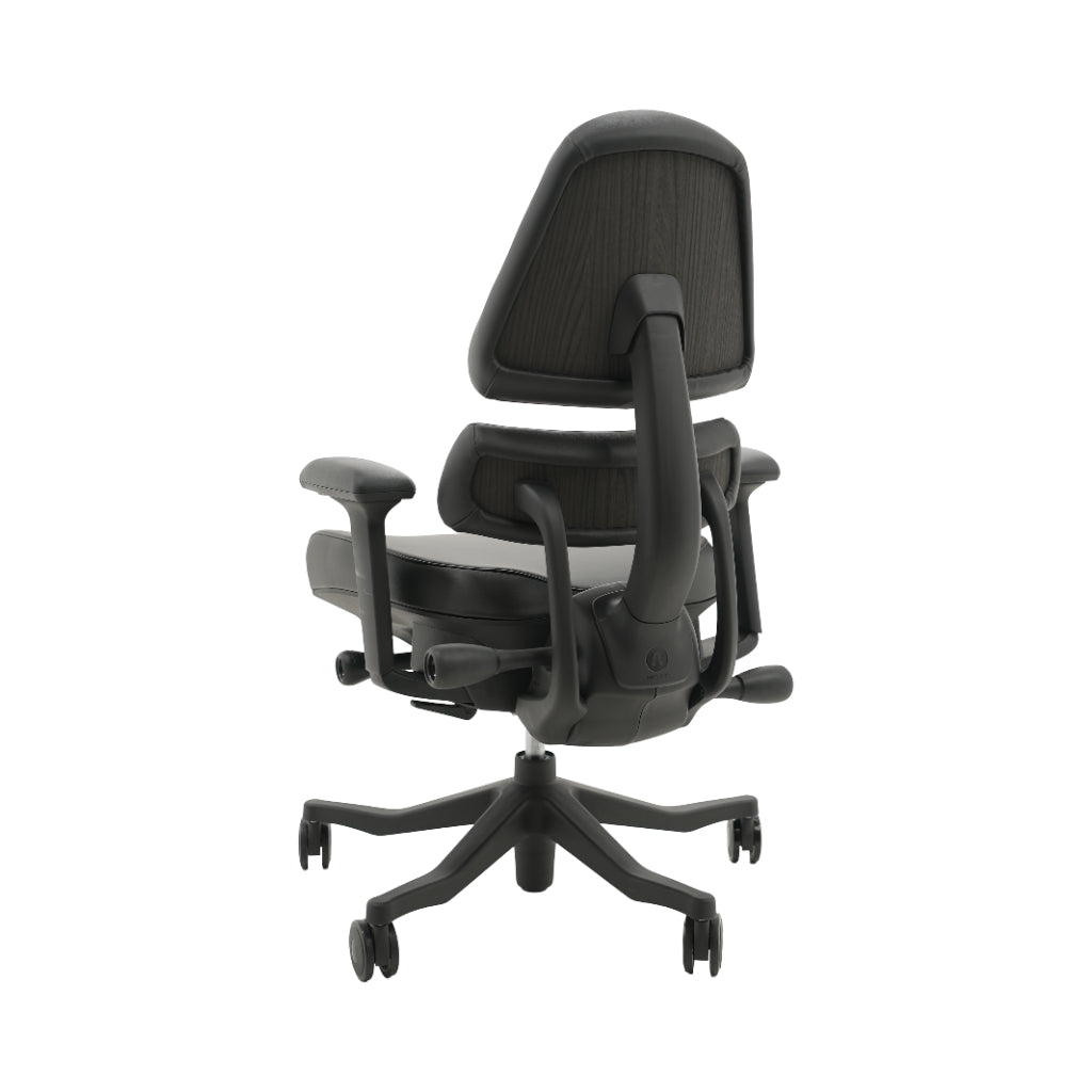 An ergonomic office chair with a high back, adjustable armrests, and a four-wheel base, shown from a rear angle on a white background.