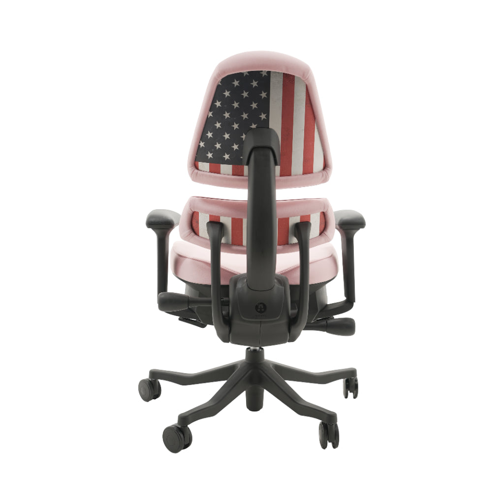 An ergonomic office chair with a high back, adjustable armrests, and a four-wheel base, shown from a rear angle on a white background.