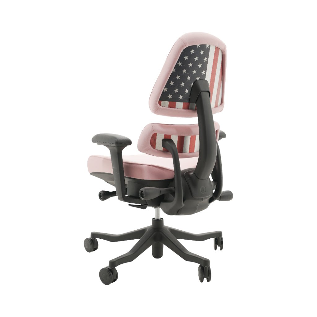 An ergonomic office chair with a high back, adjustable armrests, and a four-wheel base, shown from a rear angle on a white background.