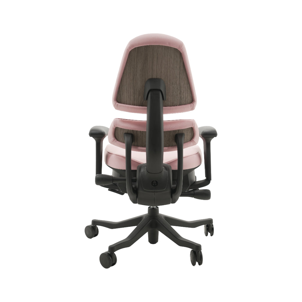 An ergonomic office chair with a high back, adjustable armrests, and a four-wheel base, shown from a rear angle on a white background.