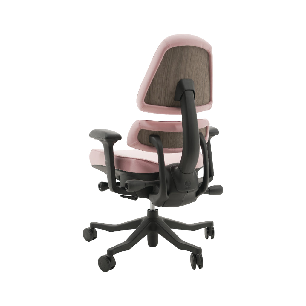 An ergonomic office chair with a high back, adjustable armrests, and a four-wheel base, shown from a rear angle on a white background.