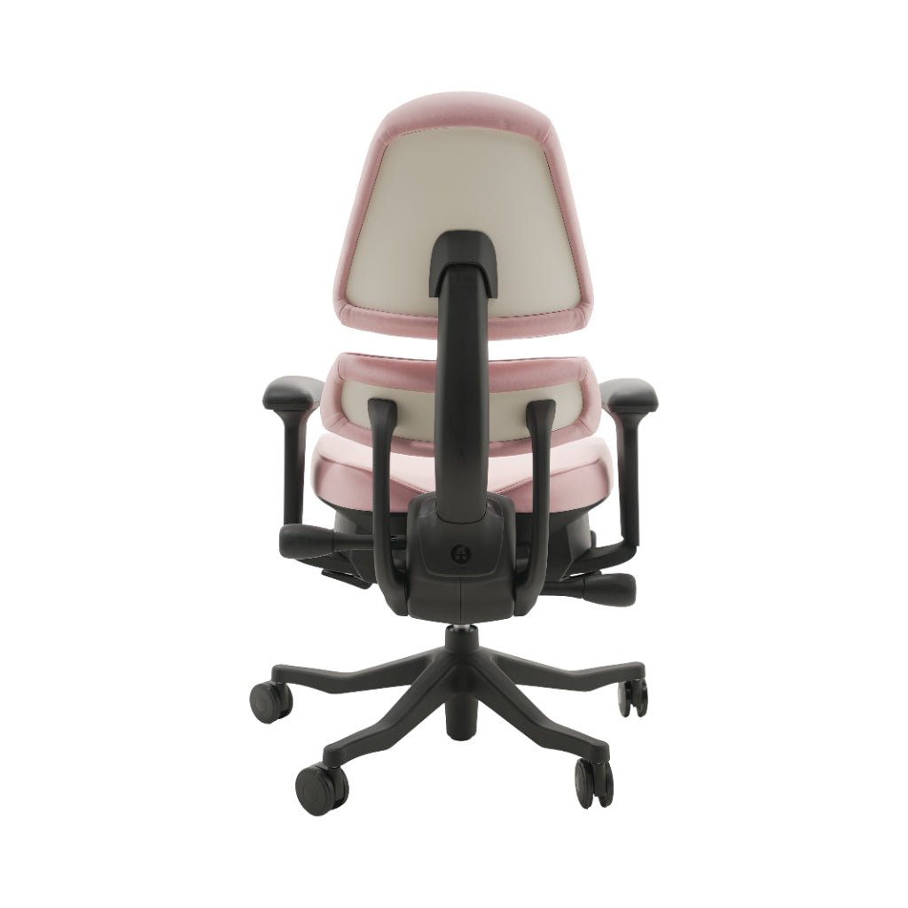 An ergonomic office chair with a high back, adjustable armrests, and a four-wheel base, shown from a rear angle on a white background.