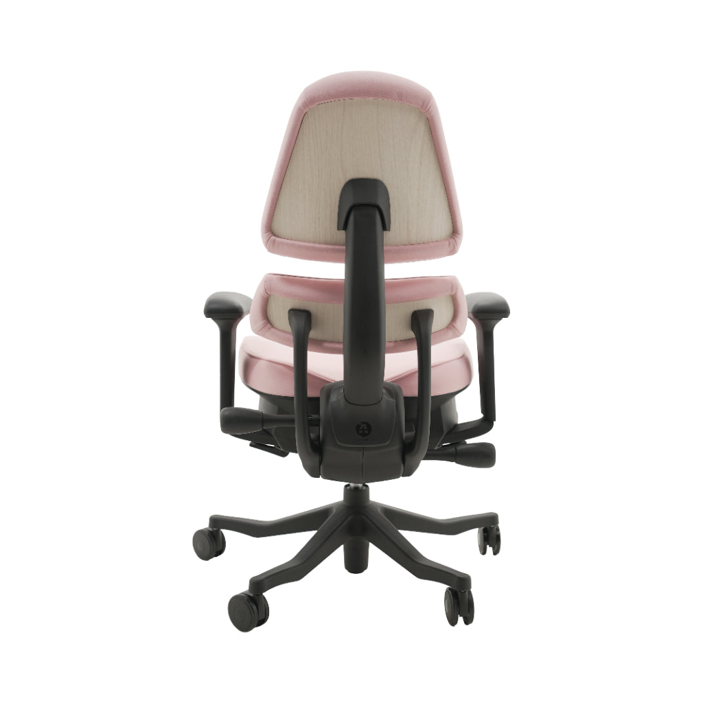 An ergonomic office chair with a high back, adjustable armrests, and a four-wheel base, shown from a rear angle on a white background.