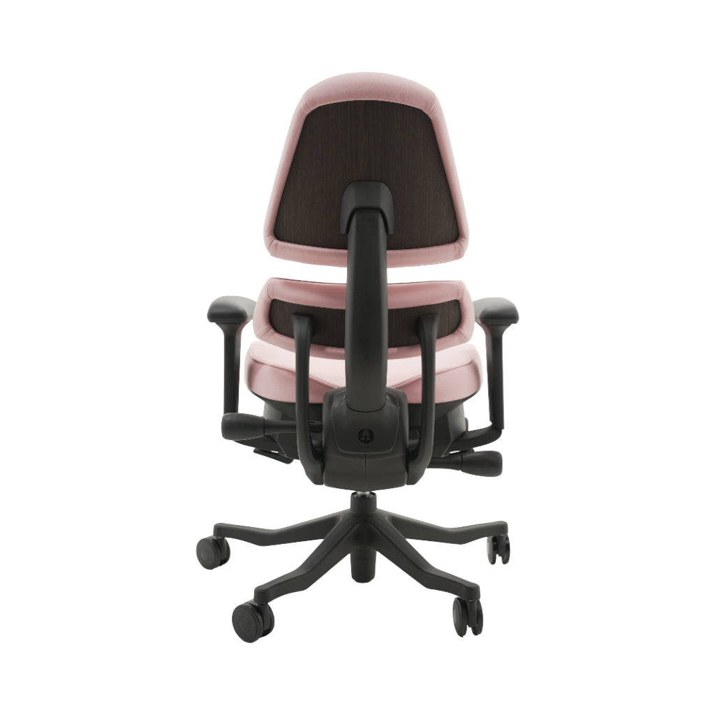 An ergonomic office chair with a high back, adjustable armrests, and a four-wheel base, shown from a rear angle on a white background.