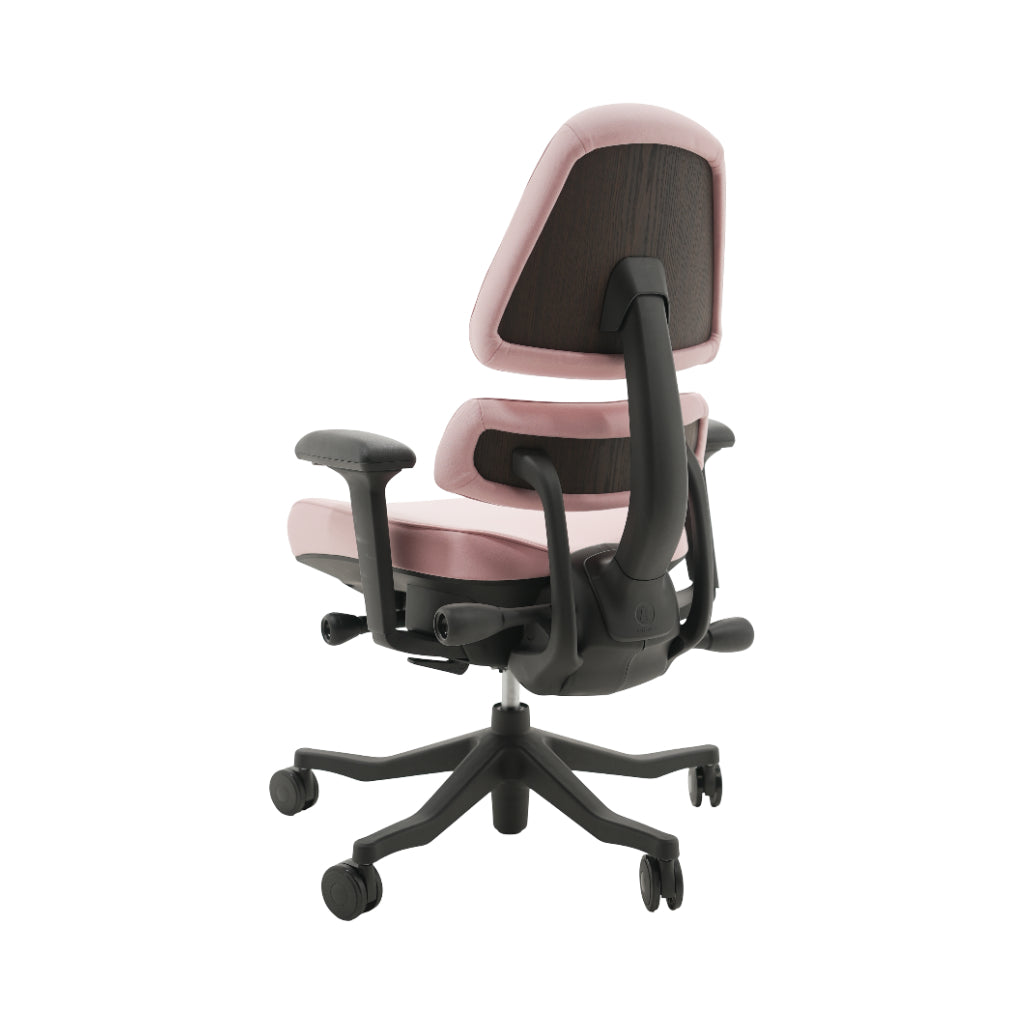 An ergonomic office chair with a high back, adjustable armrests, and a four-wheel base, shown from a rear angle on a white background.