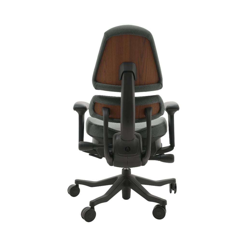 An ergonomic office chair with a high back, adjustable armrests, and a four-wheel base, shown from a rear angle on a white background.