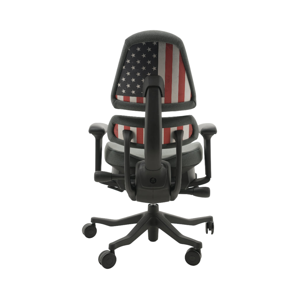 An ergonomic office chair with a high back, adjustable armrests, and a four-wheel base, shown from a rear angle on a white background.