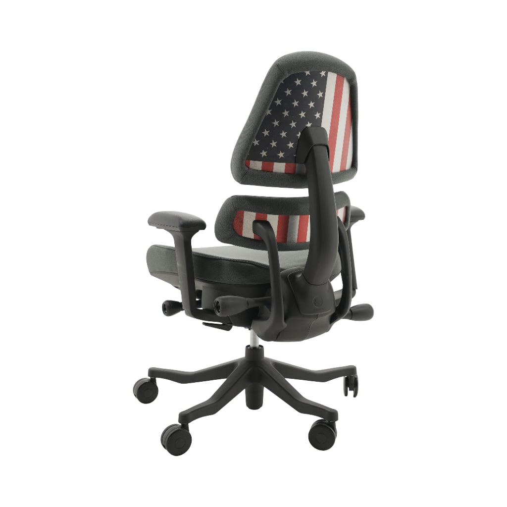 An ergonomic office chair with a high back, adjustable armrests, and a four-wheel base, shown from a rear angle on a white background.