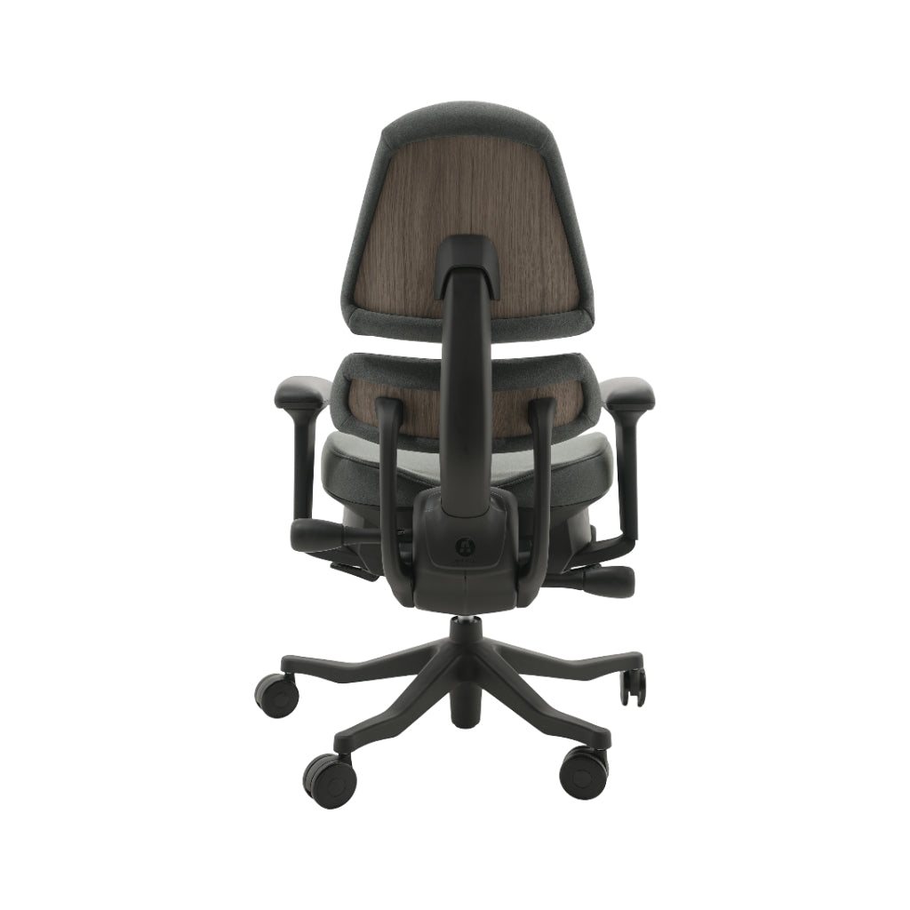 An ergonomic office chair with a high back, adjustable armrests, and a four-wheel base, shown from a rear angle on a white background.