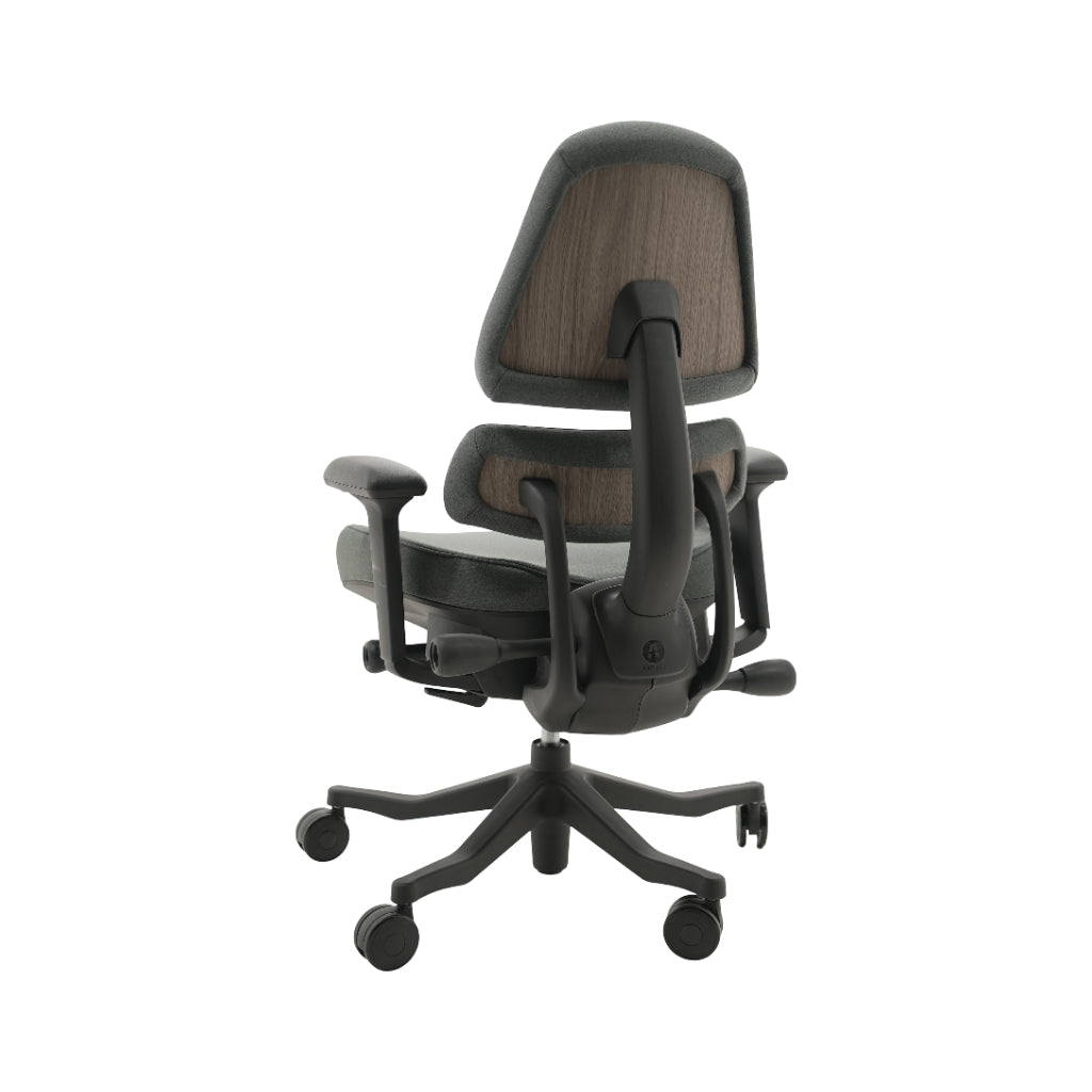 An ergonomic office chair with a high back, adjustable armrests, and a four-wheel base, shown from a rear angle on a white background.
