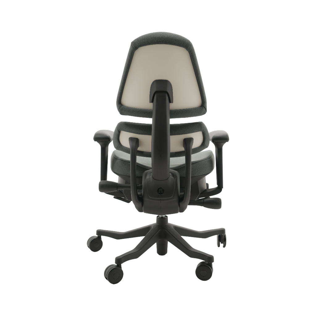 An ergonomic office chair with a high back, adjustable armrests, and a four-wheel base, shown from a rear angle on a white background.