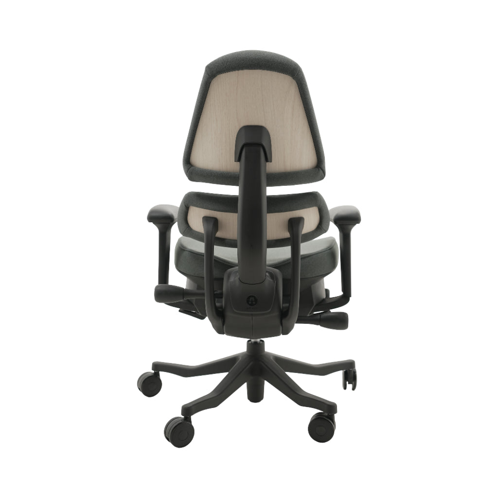 An ergonomic office chair with a high back, adjustable armrests, and a four-wheel base, shown from a rear angle on a white background.