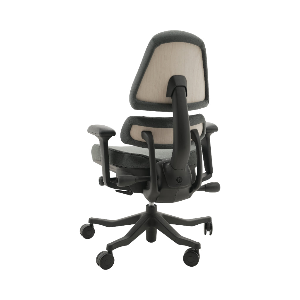 An ergonomic office chair with a high back, adjustable armrests, and a four-wheel base, shown from a rear angle on a white background.