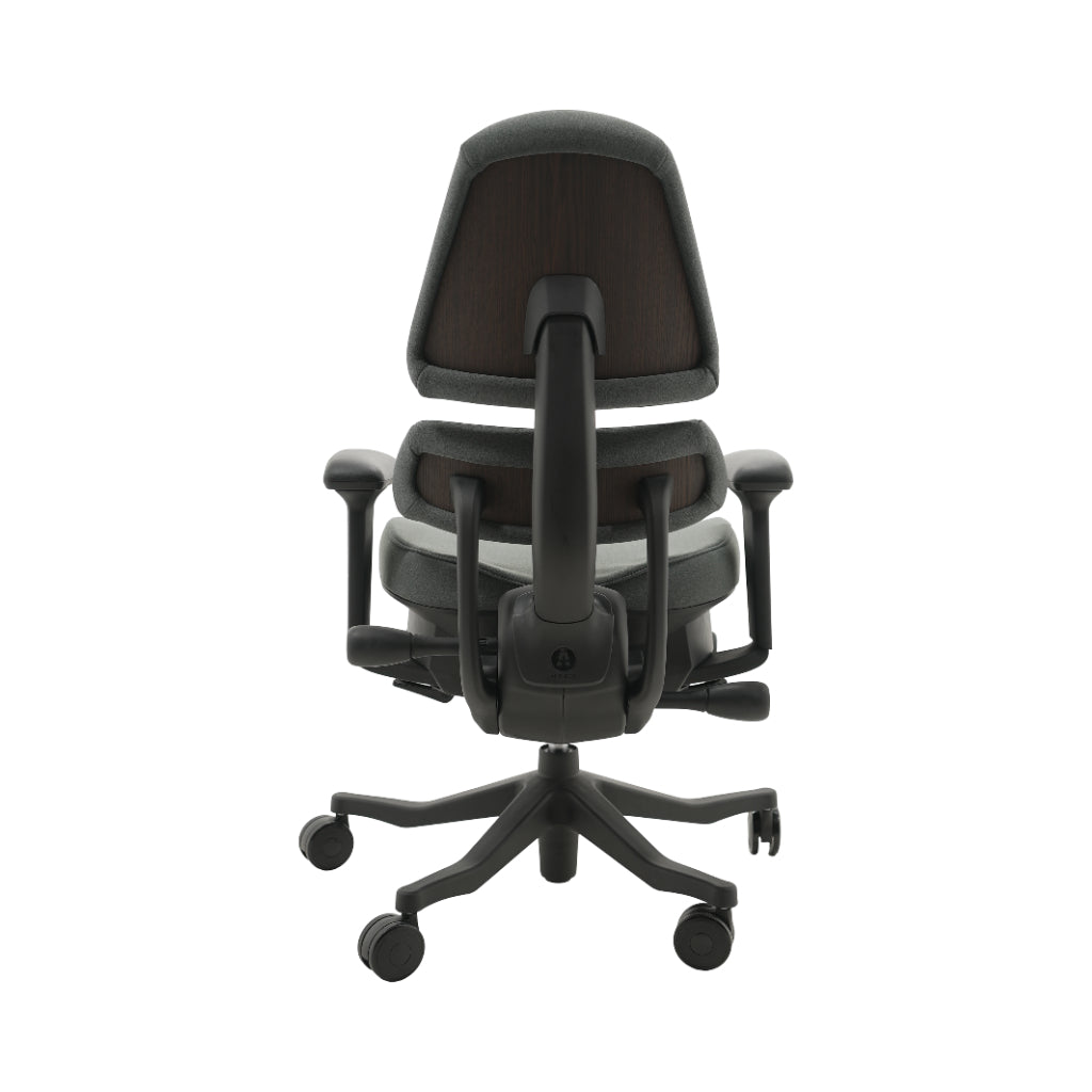 An ergonomic office chair with a high back, adjustable armrests, and a four-wheel base, shown from a rear angle on a white background.