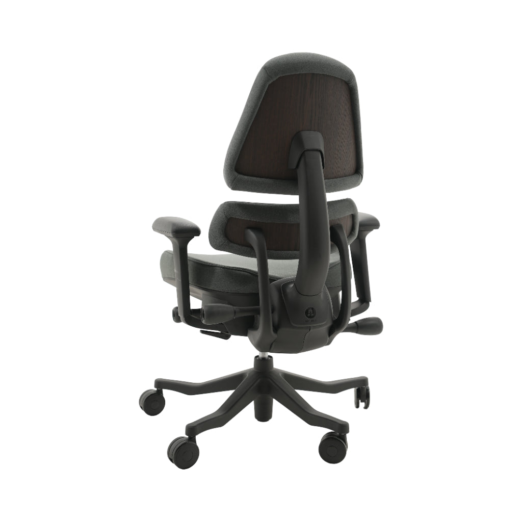 An ergonomic office chair with a high back, adjustable armrests, and a four-wheel base, shown from a rear angle on a white background.