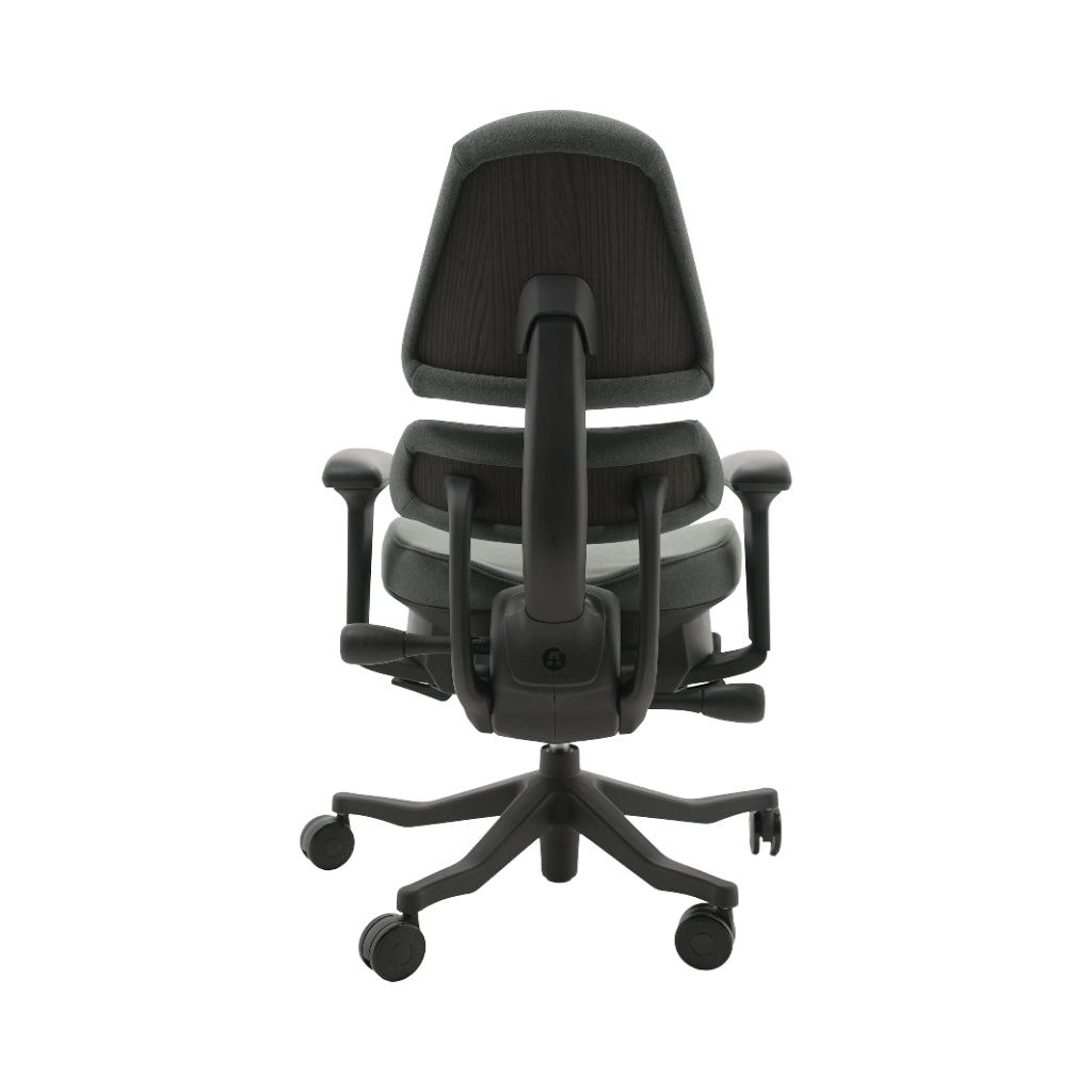 An ergonomic office chair with a high back, adjustable armrests, and a four-wheel base, shown from a rear angle on a white background.