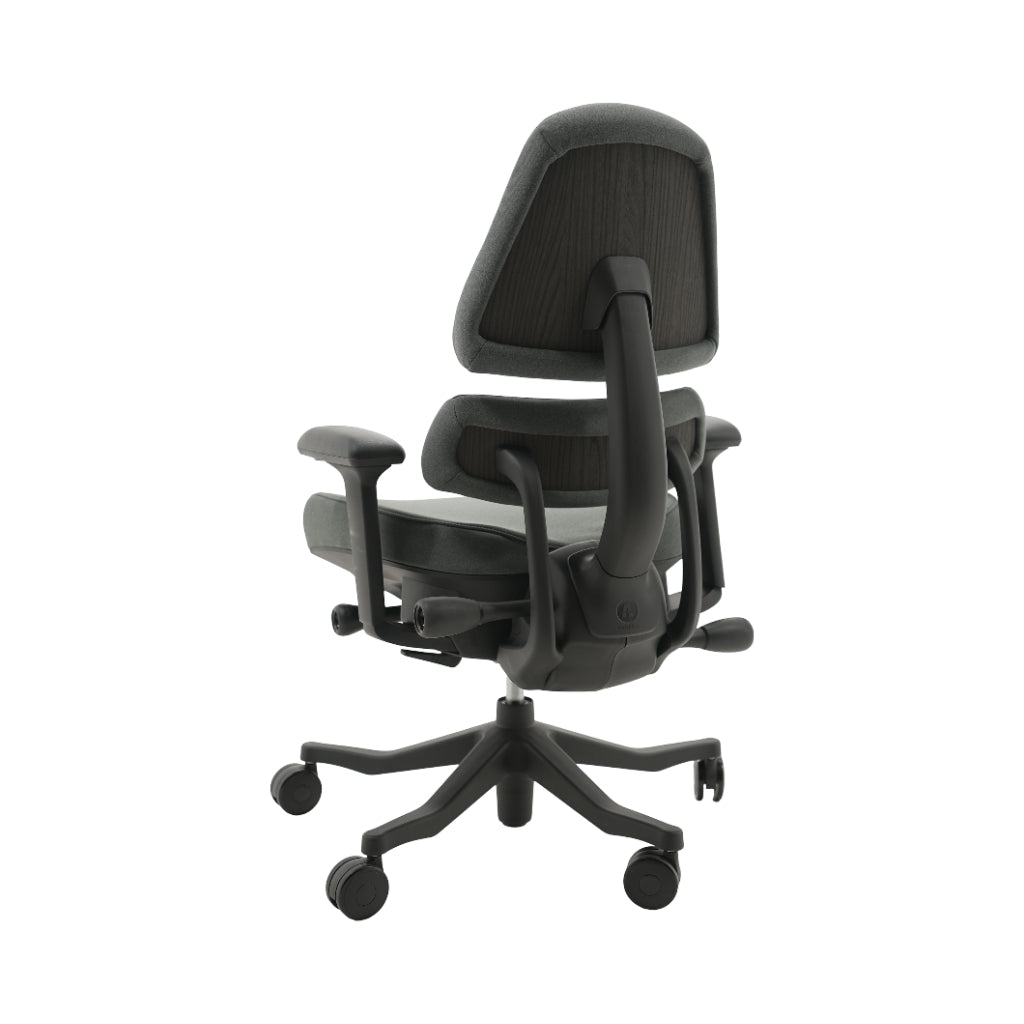 An ergonomic office chair with a high back, adjustable armrests, and a four-wheel base, shown from a rear angle on a white background.
