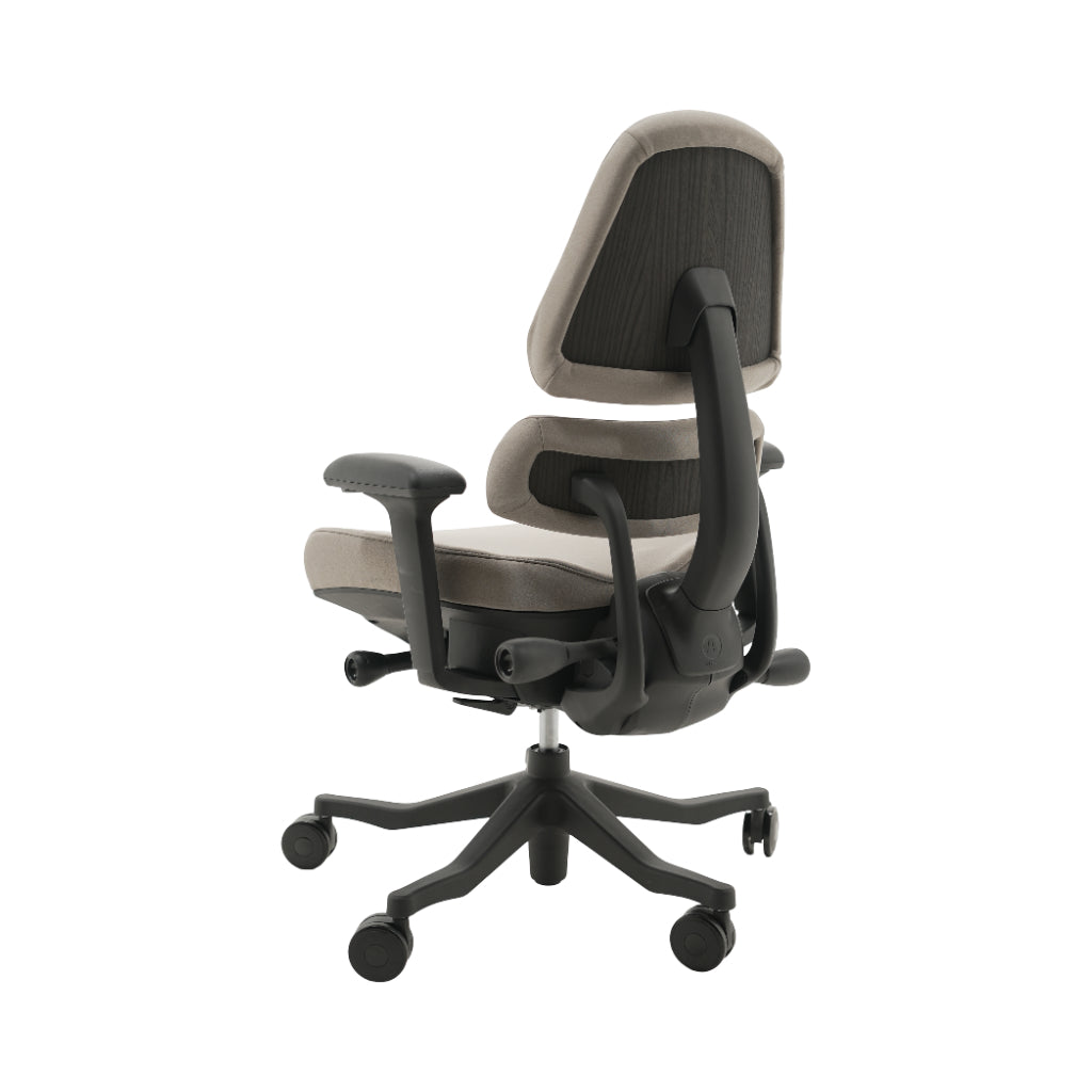 An ergonomic office chair with a high back, adjustable armrests, and a four-wheel base, shown from a rear angle on a white background.