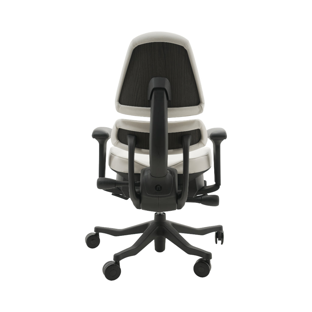 An ergonomic office chair with a high back, adjustable armrests, and a four-wheel base, shown from a rear angle on a white background.