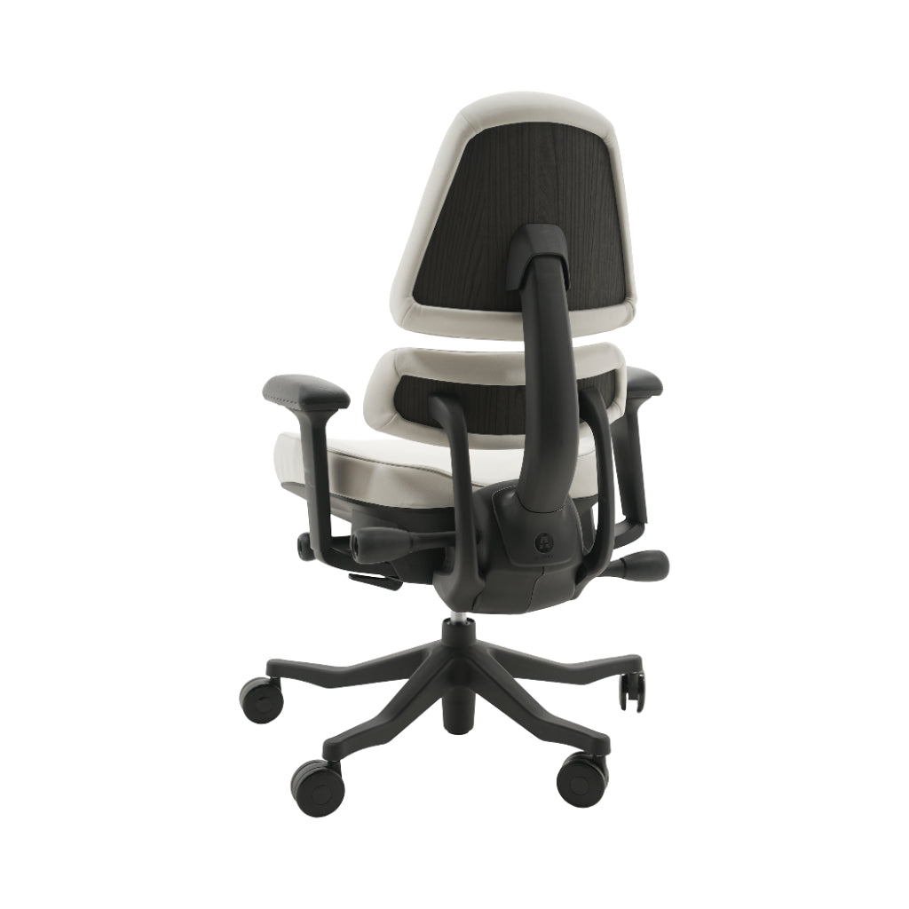 An ergonomic office chair with a high back, adjustable armrests, and a four-wheel base, shown from a rear angle on a white background.