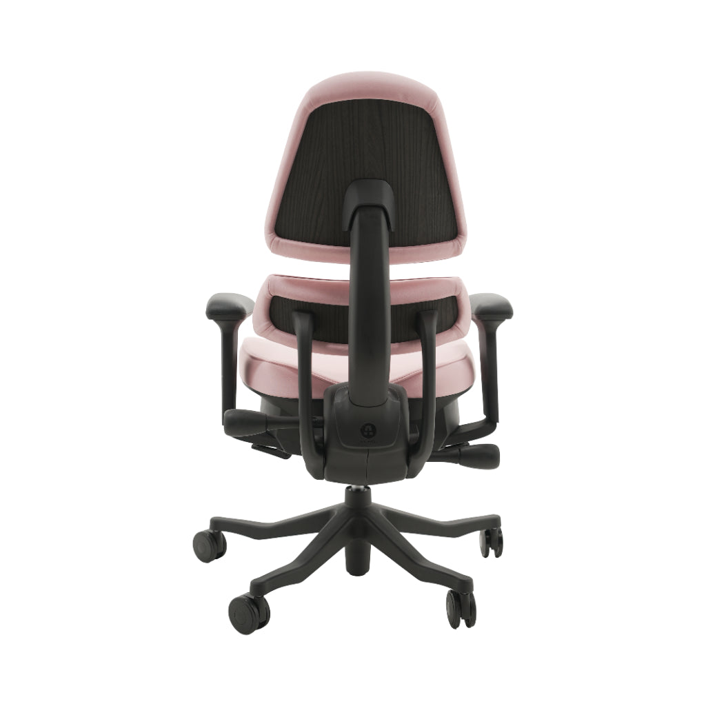 An ergonomic office chair with a high back, adjustable armrests, and a four-wheel base, shown from a rear angle on a white background.