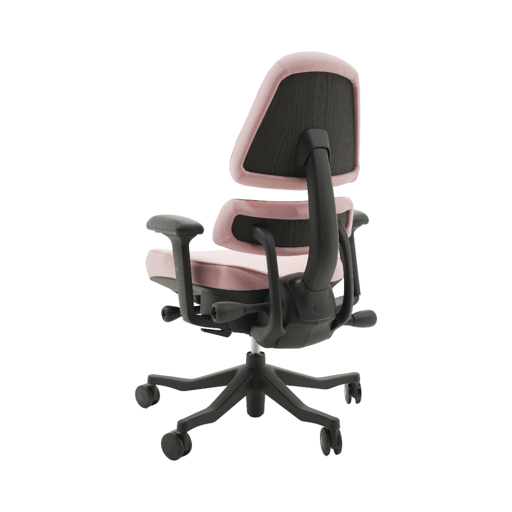 An ergonomic office chair with a high back, adjustable armrests, and a four-wheel base, shown from a rear angle on a white background.