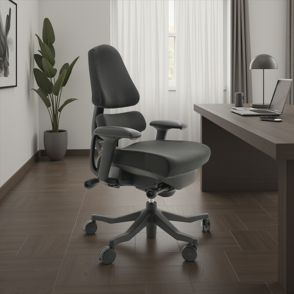 Gray office chair in a room with a desk and plant