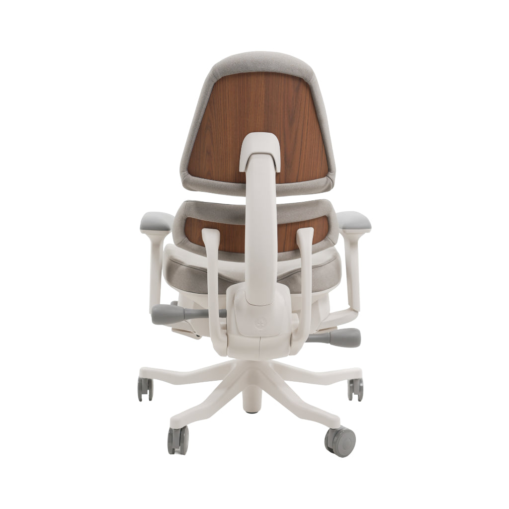 An ergonomic office chair with a high back, adjustable armrests, and a four-wheel base, shown from a rear angle on a white background.
